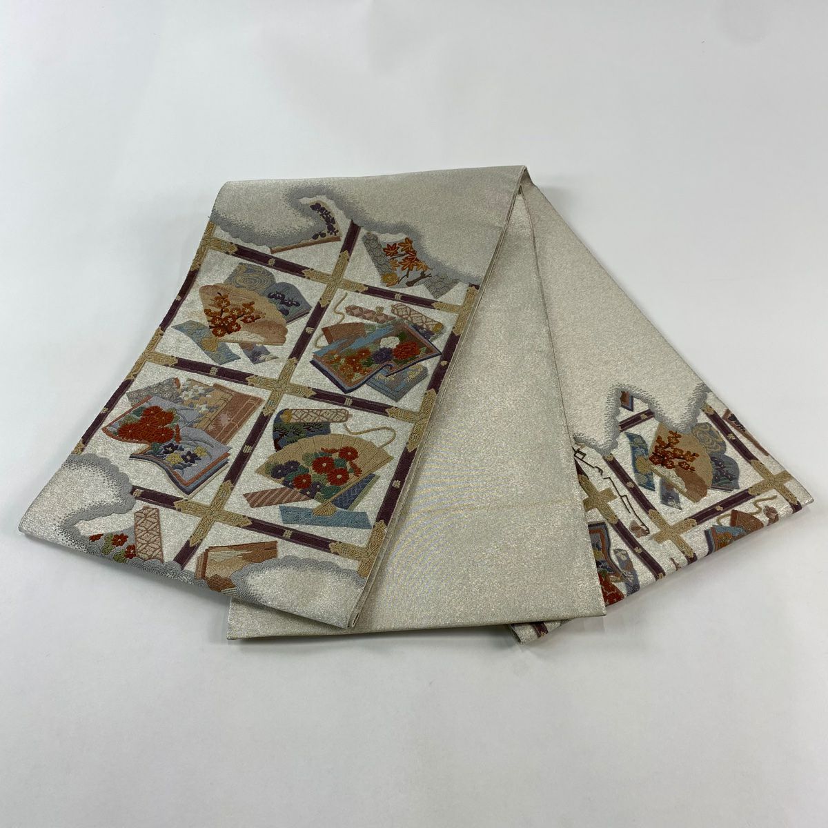 【庫存清倉】 袋帶 名品級 冊子 檜扇子 相良刺繡 金金箔 銀色 大鼓圖案 純蠶絲
