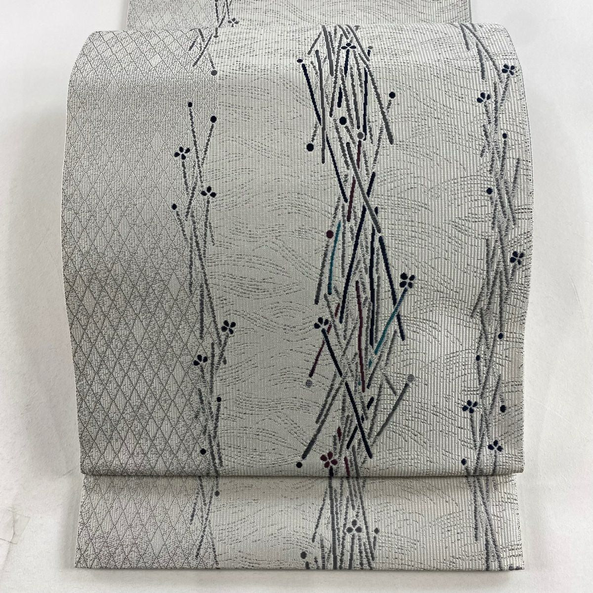 【庫存清倉】 【美品】 袋帶 名品級 幾何圖案 波紋 銀線 灰白色 大鼓圖案 純蠶絲