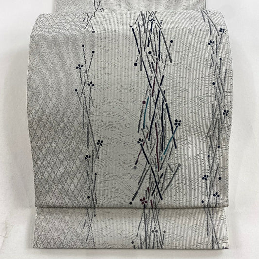 【庫存清倉】 【美品】 袋帶 名品級 幾何圖案 波紋 銀線 灰白色 大鼓圖案 純蠶絲
