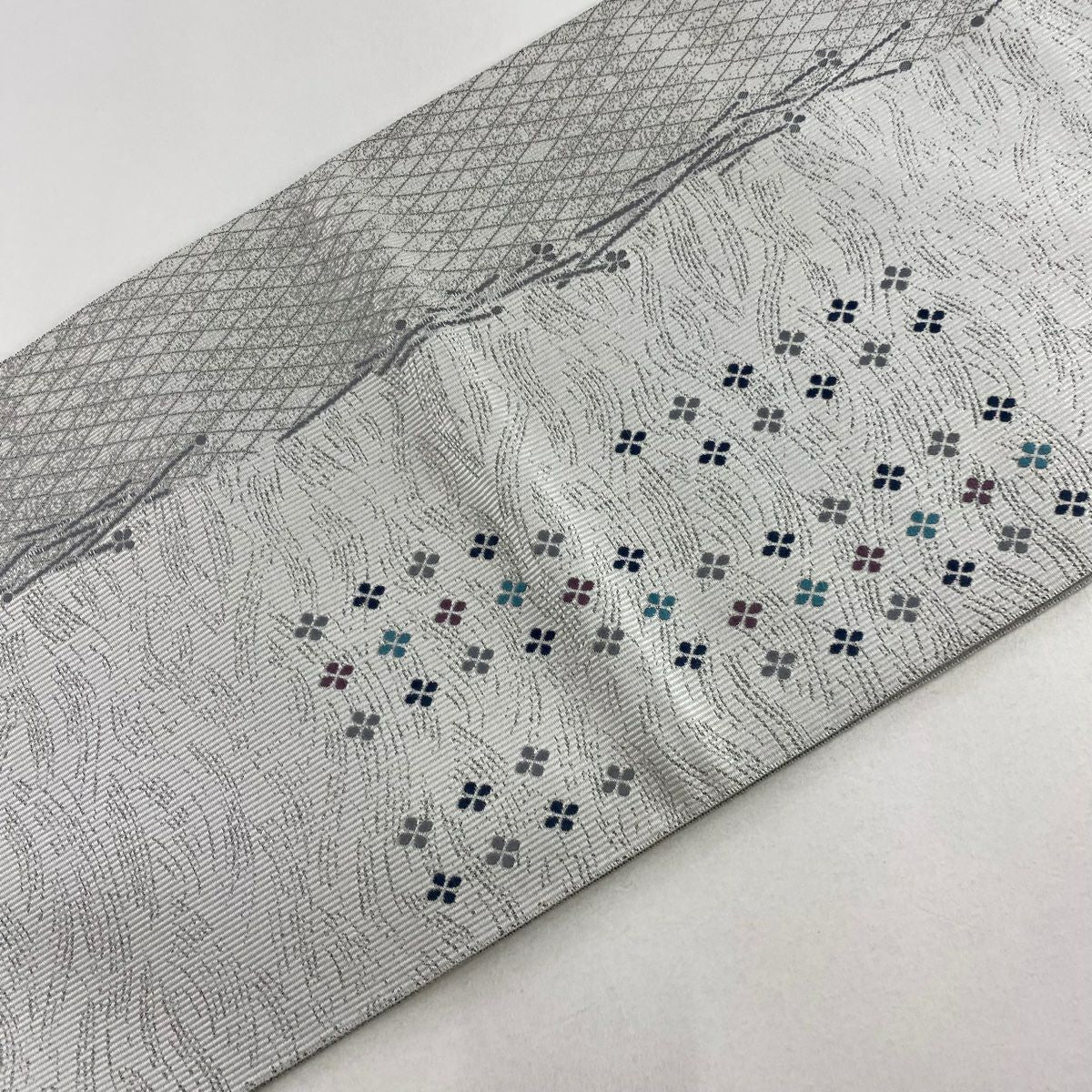 【庫存清倉】 【美品】 袋帶 名品級 幾何圖案 波紋 銀線 灰白色 大鼓圖案 純蠶絲