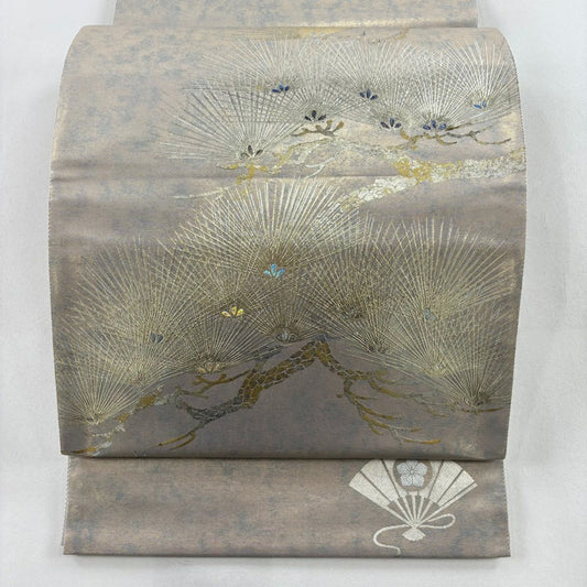 【庫存清倉】 袋帶 名品級 附落款 松樹 金銀彩 灰茶 大鼓圖案 純蠶絲