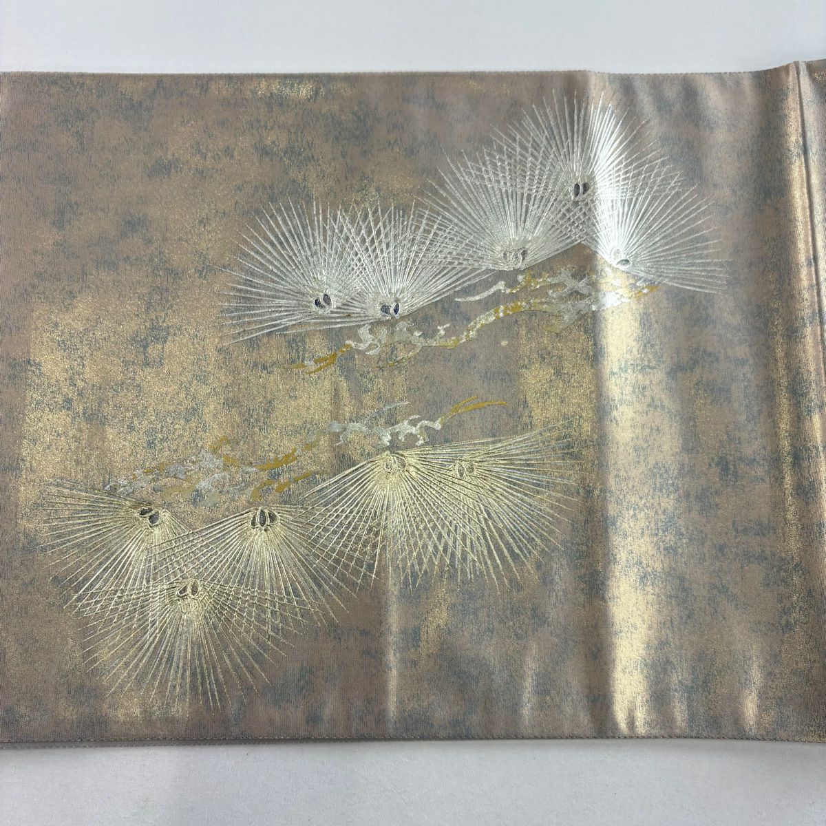 【庫存清倉】 袋帶 名品級 附落款 松樹 金銀彩 灰茶 大鼓圖案 純蠶絲