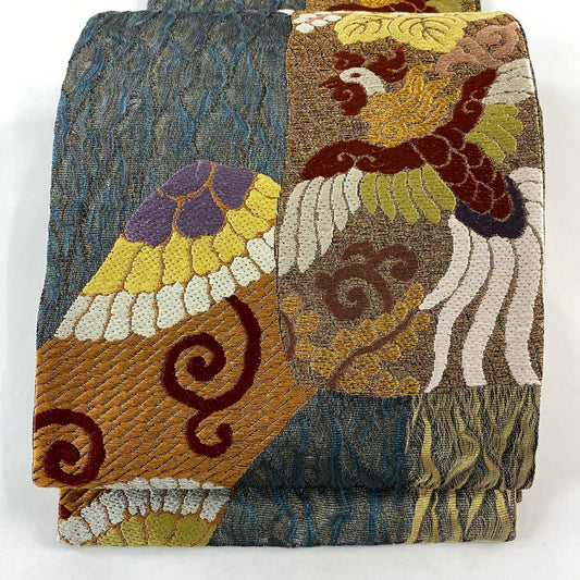 【庫存清倉】 【美品】 袋帶 名品級 鳥 桐 刺繡 金銀彩 深藍 六通 純蠶絲