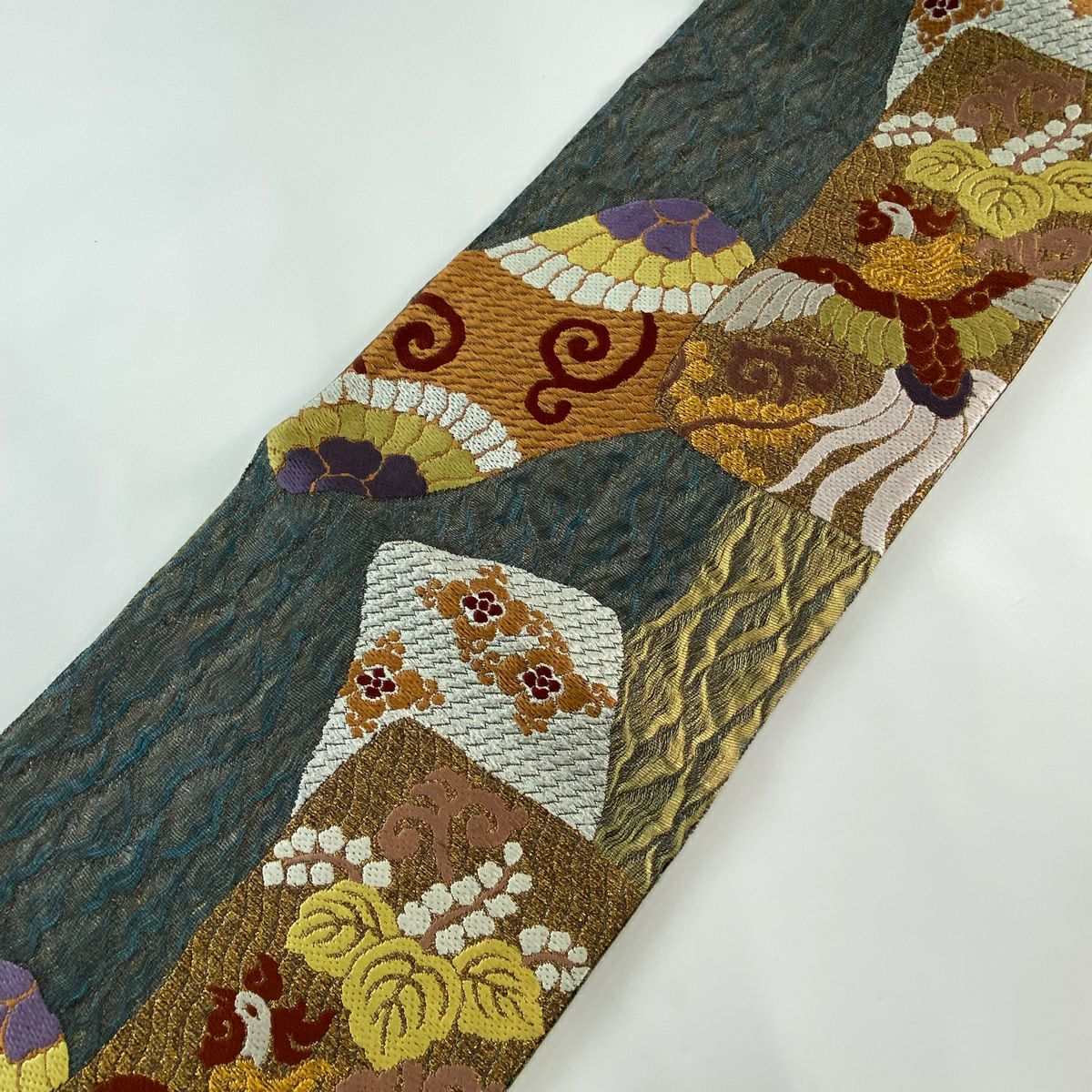 【庫存清倉】 【美品】 袋帶 名品級 鳥 桐 刺繡 金銀彩 深藍 六通 純蠶絲