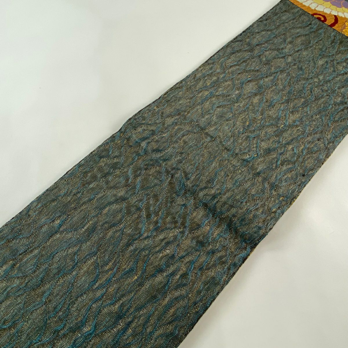 【庫存清倉】 【美品】 袋帶 名品級 鳥 桐 刺繡 金銀彩 深藍 六通 純蠶絲