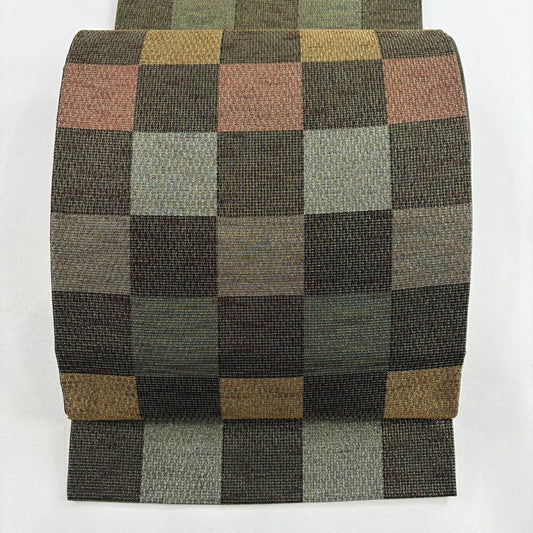 【庫存清倉】 【美品】 袋帶 名品級 市松樹 金通 金金箔 焦茶 六通 純蠶絲