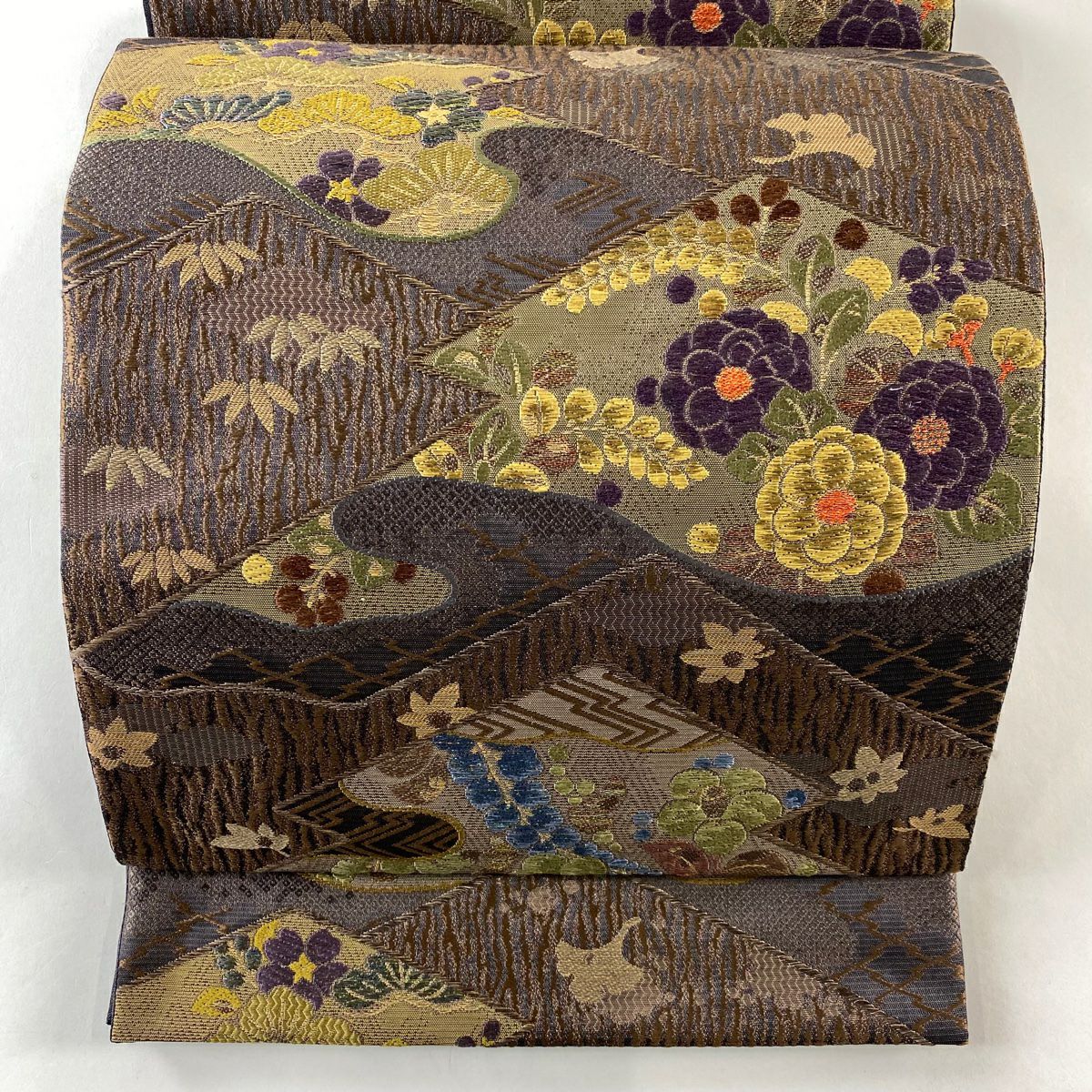 【美品】 袋帶 逸品級 證書齊全 都 草花紋 松樹皮菱 金絲 金金箔 茶 六通 純蠶絲