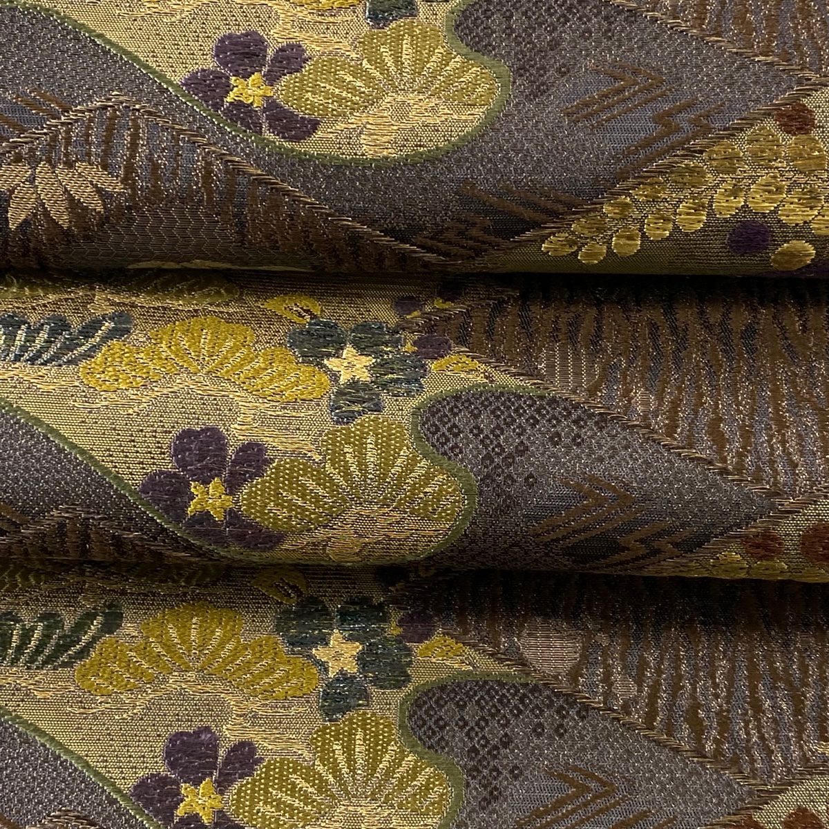【美品】 袋帶 逸品級 證書齊全 都 草花紋 松樹皮菱 金絲 金金箔 茶 六通 純蠶絲