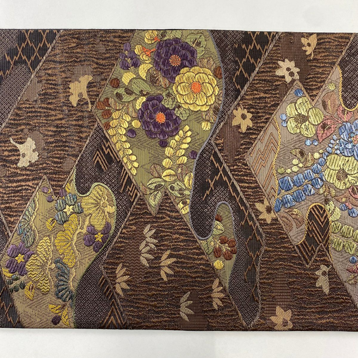 【美品】 袋帶 逸品級 證書齊全 都 草花紋 松樹皮菱 金絲 金金箔 茶 六通 純蠶絲