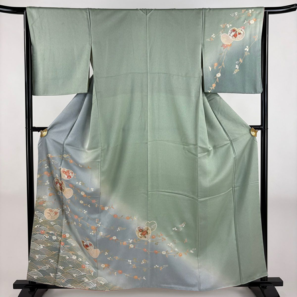 訪問服 身長160cm 袖長64.5cm M 雙層 團扇子 波 金銀彩 漸層 青灰 純蠶絲 秀品級
