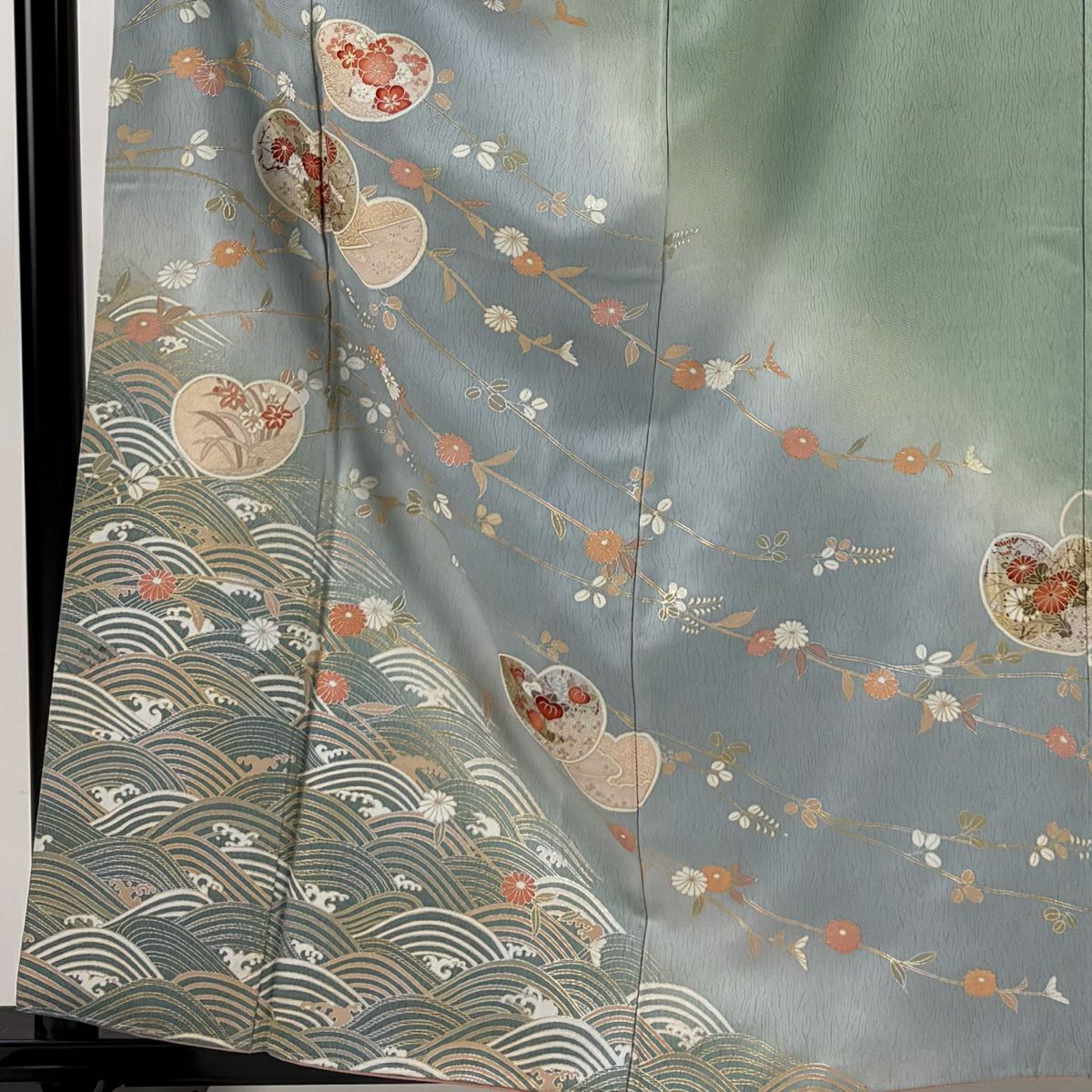 訪問服 身長160cm 袖長64.5cm M 雙層 團扇子 波 金銀彩 漸層 青灰 純蠶絲 秀品級