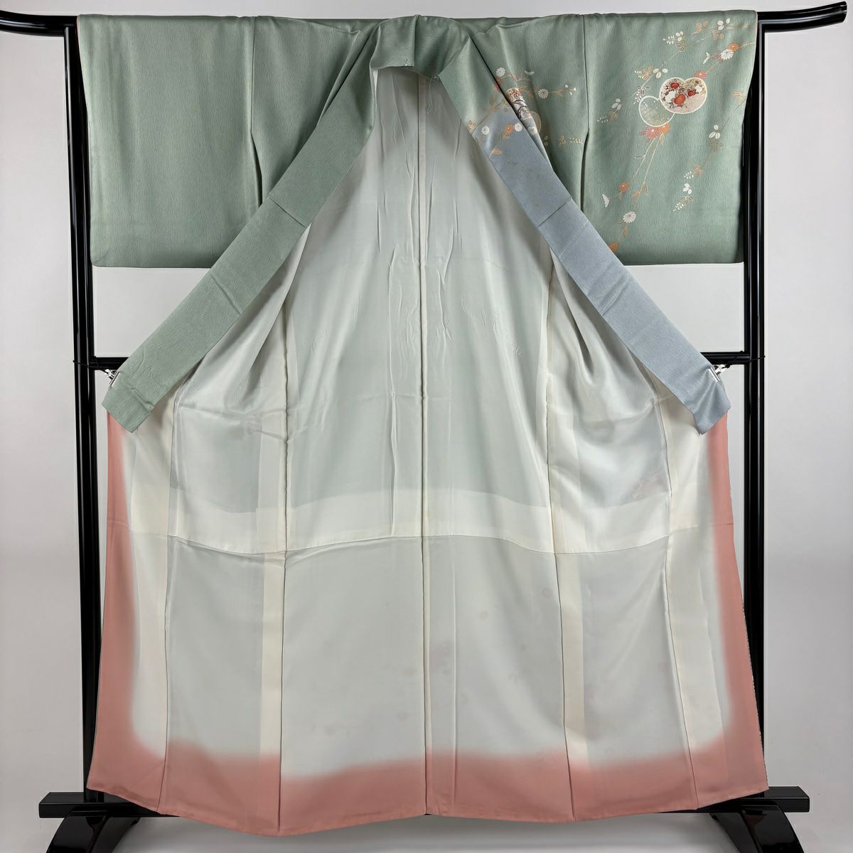 訪問服 身長160cm 袖長64.5cm M 雙層 團扇子 波 金銀彩 漸層 青灰 純蠶絲 秀品級