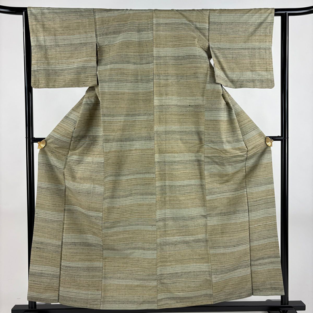 紬織 身長158.5cm 袖長62cm S 雙層 橫條 灰綠 純蠶絲 秀品級