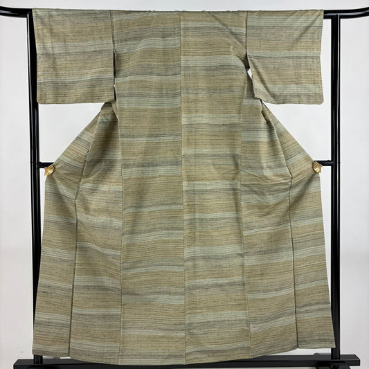 紬織 身長158.5cm 袖長62cm S 雙層 橫條 灰綠 純蠶絲 秀品級