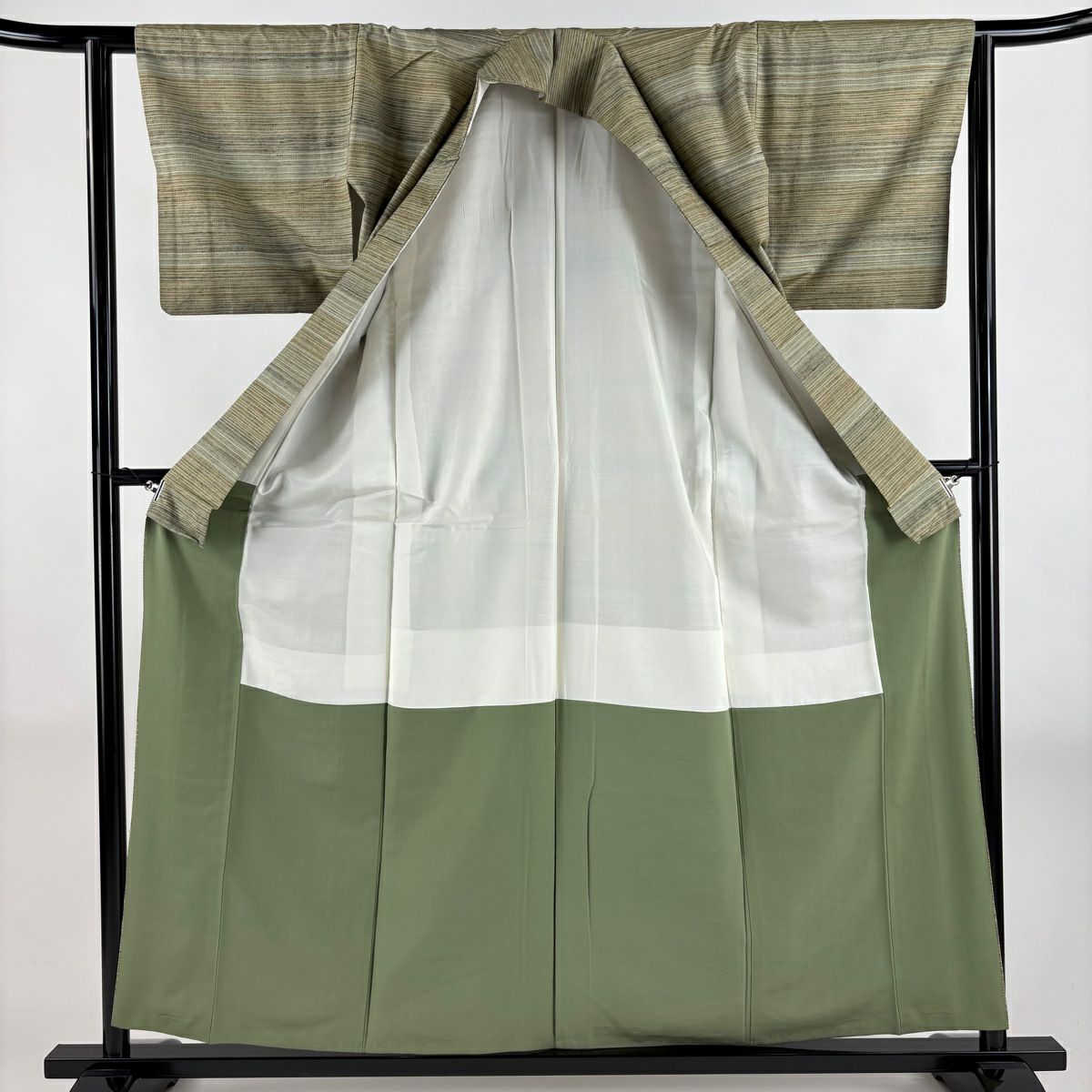 紬織 身長158.5cm 袖長62cm S 雙層 橫條 灰綠 純蠶絲 秀品級