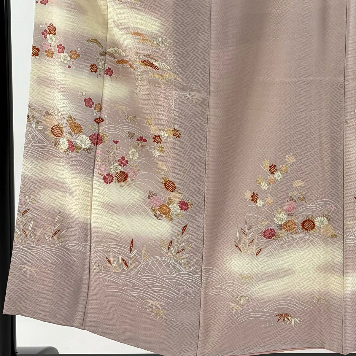 付下 身長152cm 袖長62.5cm S 雙層 松樹竹子梅花 菊花 金銀彩 漸層 淺紫 純蠶絲 優品級 一個紋