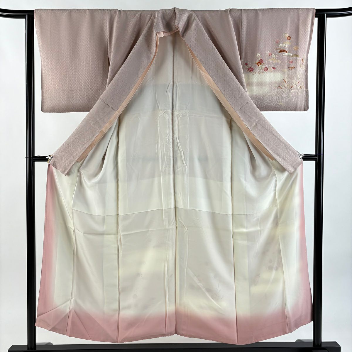 付下 身長152cm 袖長62.5cm S 雙層 松樹竹子梅花 菊花 金銀彩 漸層 淺紫 純蠶絲 優品級 一個紋