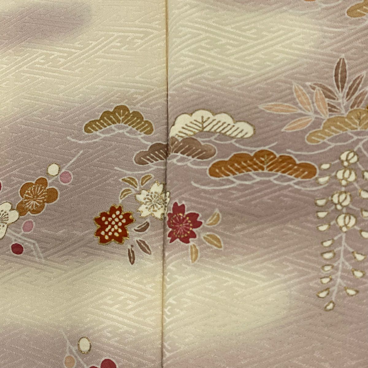 付下 身長152cm 袖長62.5cm S 雙層 松樹竹子梅花 菊花 金銀彩 漸層 淺紫 純蠶絲 優品級 一個紋