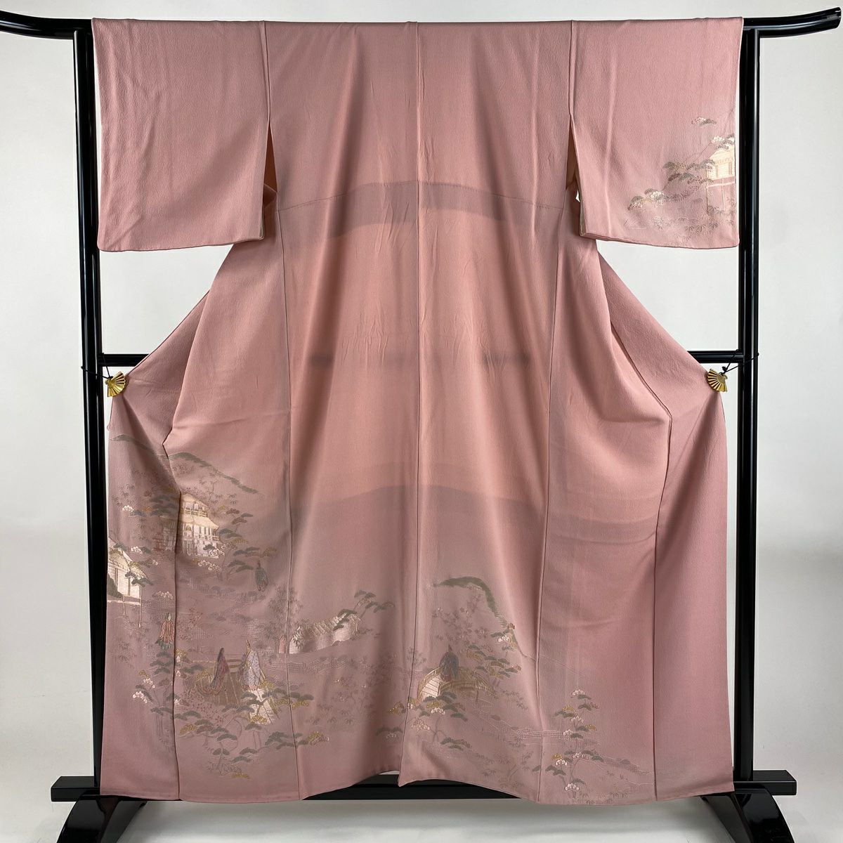 付下 身長159cm 袖長64cm M 雙層 鈴乃屋 建物 人物 刺繡 金絲 粉紅 純蠶絲 優品級