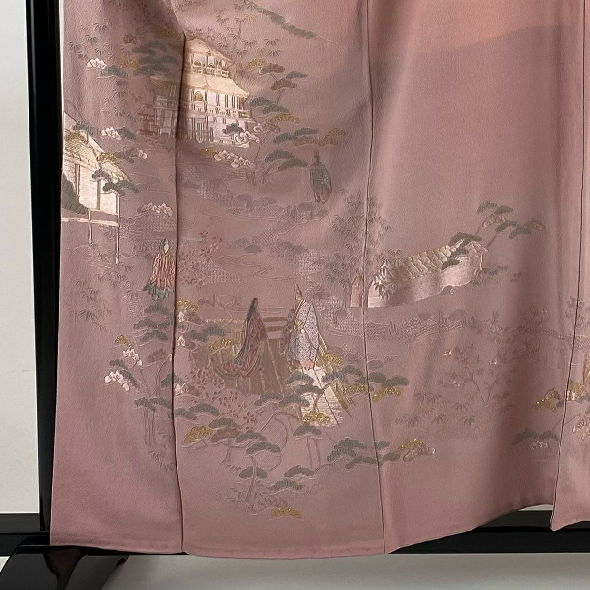 付下 身長159cm 袖長64cm M 雙層 鈴乃屋 建物 人物 刺繡 金絲 粉紅 純蠶絲 優品級