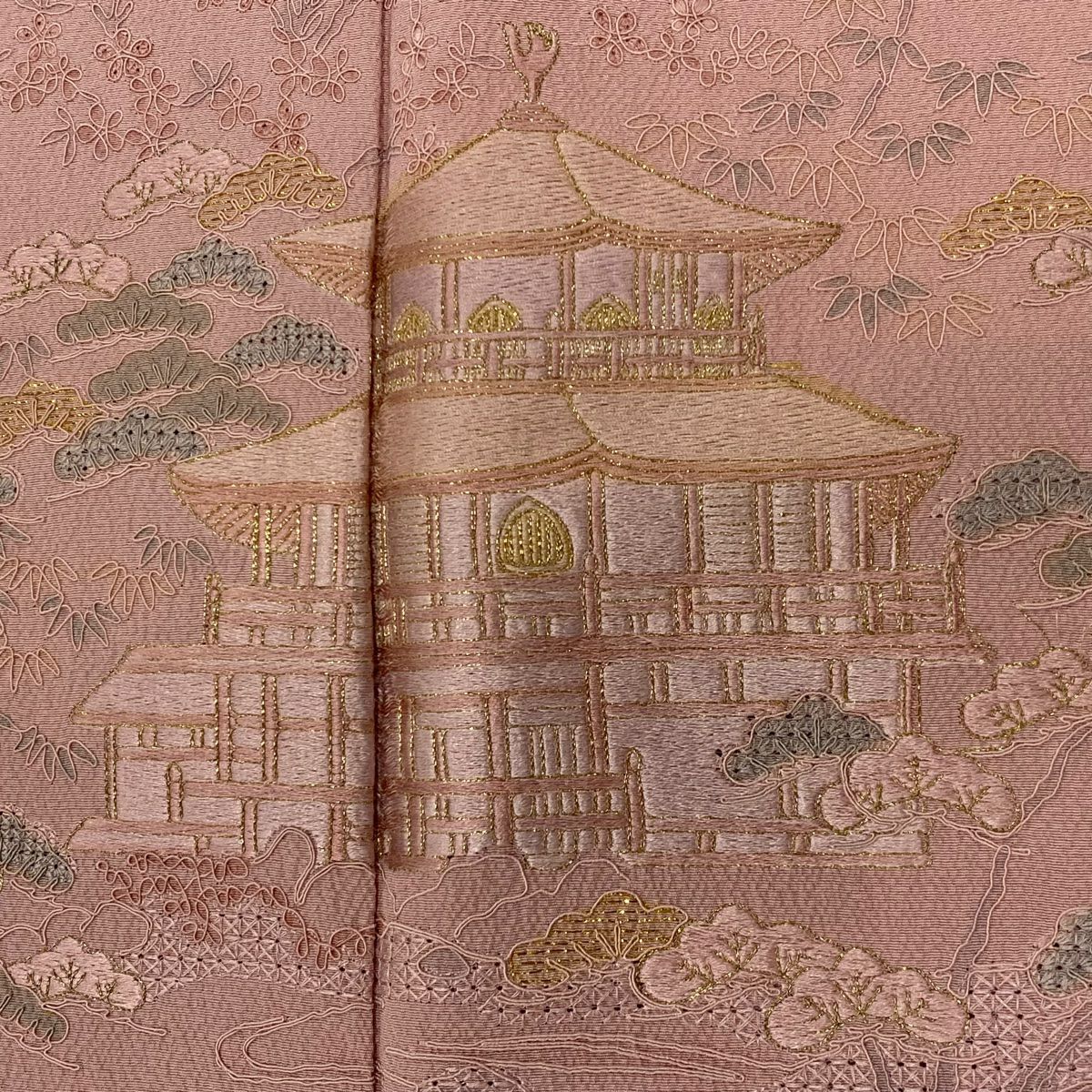 付下 身長159cm 袖長64cm M 雙層 鈴乃屋 建物 人物 刺繡 金絲 粉紅 純蠶絲 優品級
