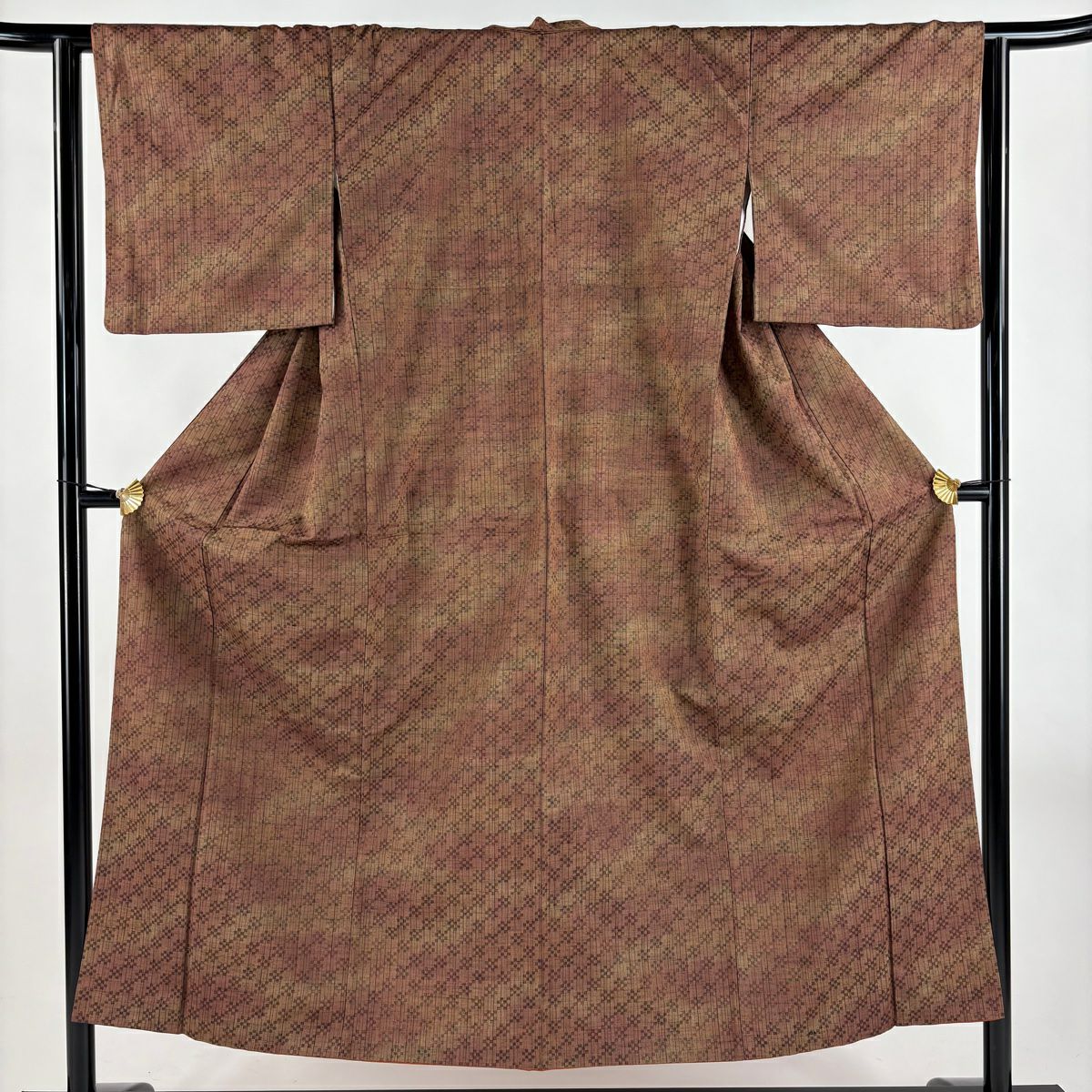 【美品】 紬織 身長150.5cm 袖長63.5cm S 雙層 縞 幾何學 茶 純蠶絲 秀品級