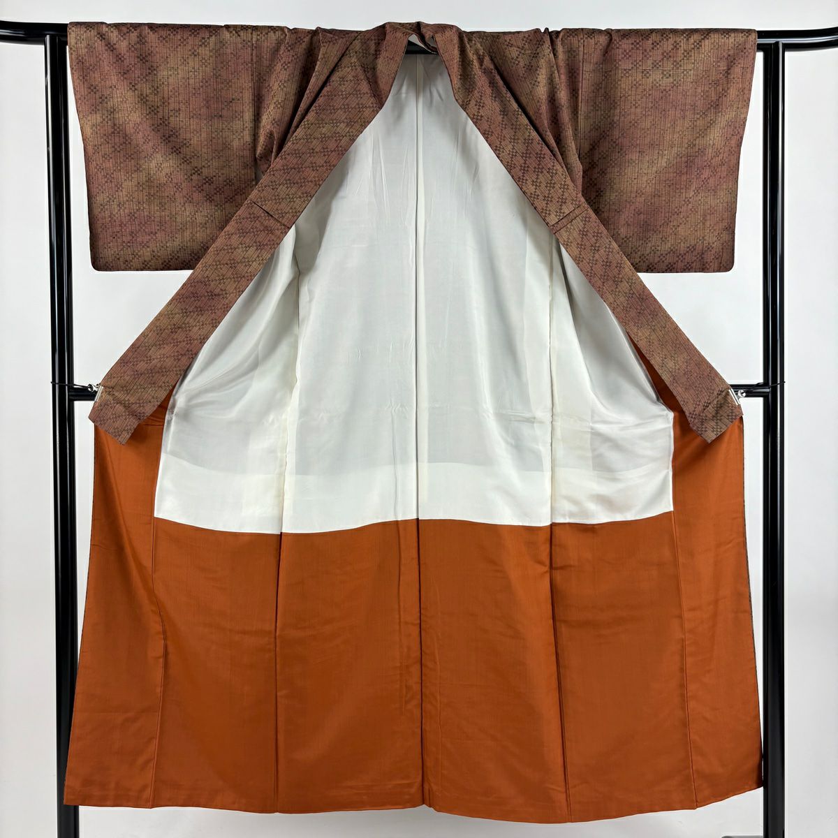 【美品】 紬織 身長150.5cm 袖長63.5cm S 雙層 縞 幾何學 茶 純蠶絲 秀品級