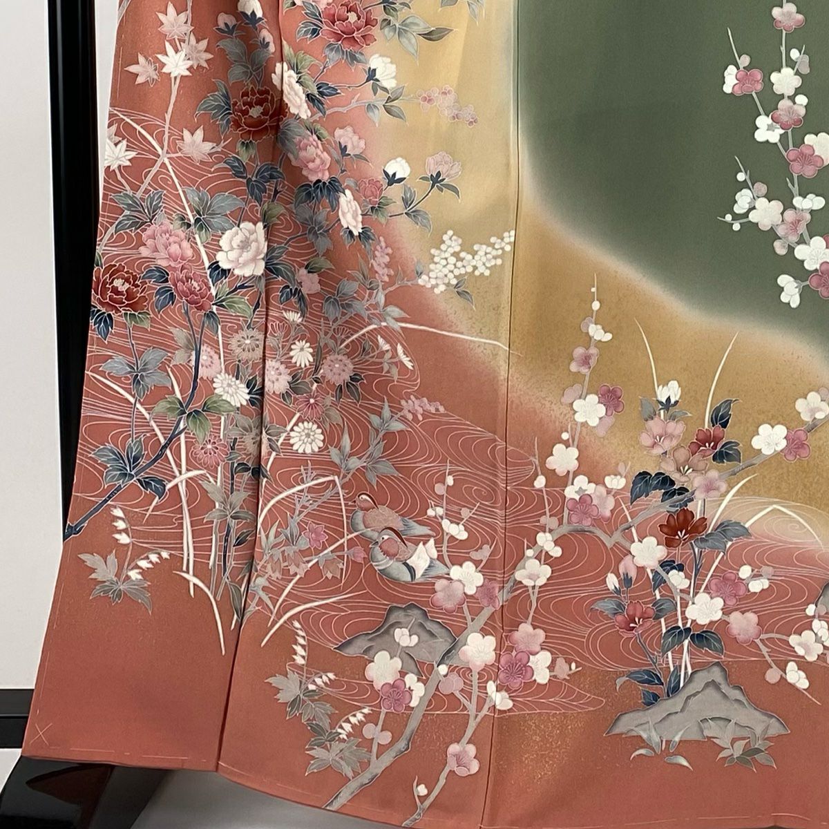 訪問服 身長166cm 袖長64cm M 雙層 枝花 鴛鴦 金銀彩 染分開 鮭粉色 純蠶絲 秀品級