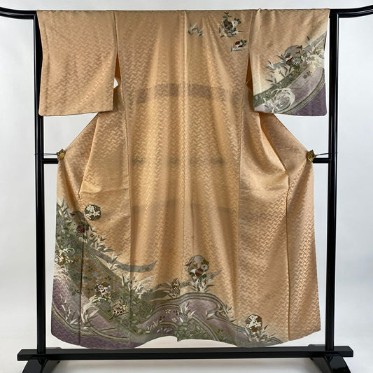 訪問服 身長154cm 袖長64cm M 雙層 雪輪 草花紋紋 金彩裝飾 漸層 淺橙色 純蠶絲 優品級