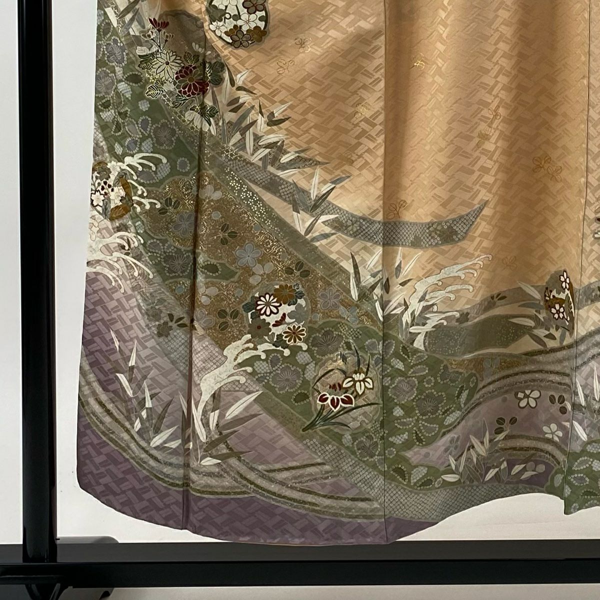 訪問服 身長154cm 袖長64cm M 雙層 雪輪 草花紋紋 金彩裝飾 漸層 淺橙色 純蠶絲 優品級