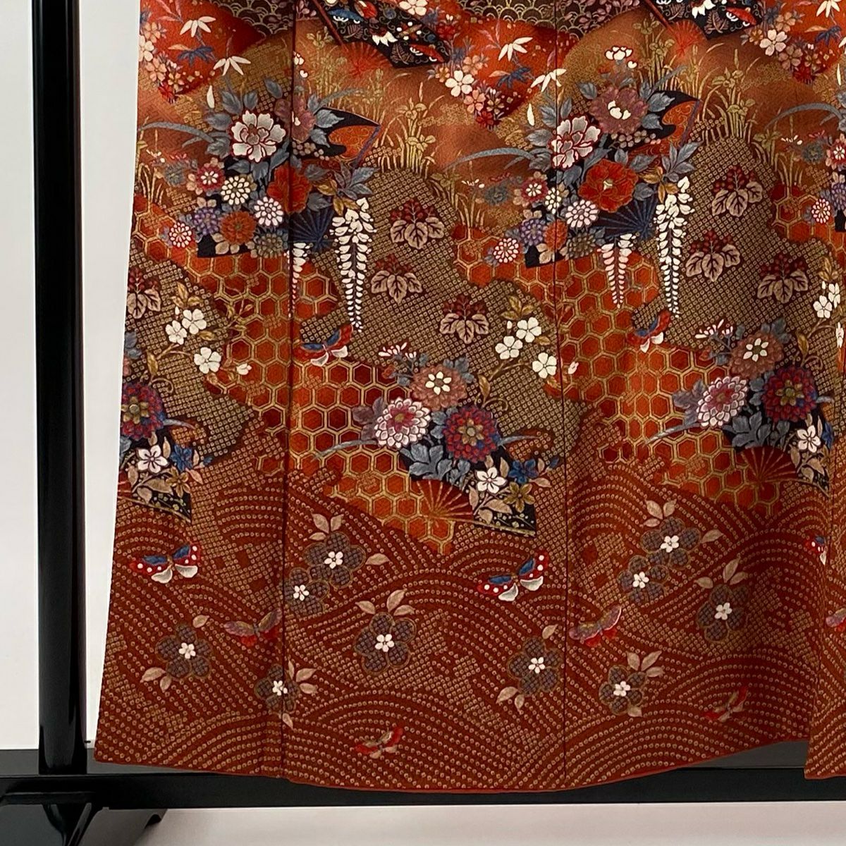 付下 身長157cm 袖長65cm M 雙層 扇子 草花紋紋 金銀彩 漸層 茜 純蠶絲 優品級