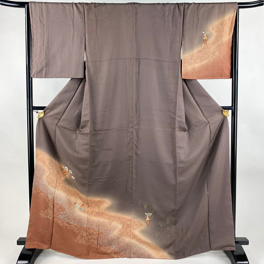 付下 身長167cm 袖長66cm M 雙層 葉與實 霞 金銀彩 刺繡 茶紫 純蠶絲 優品級
