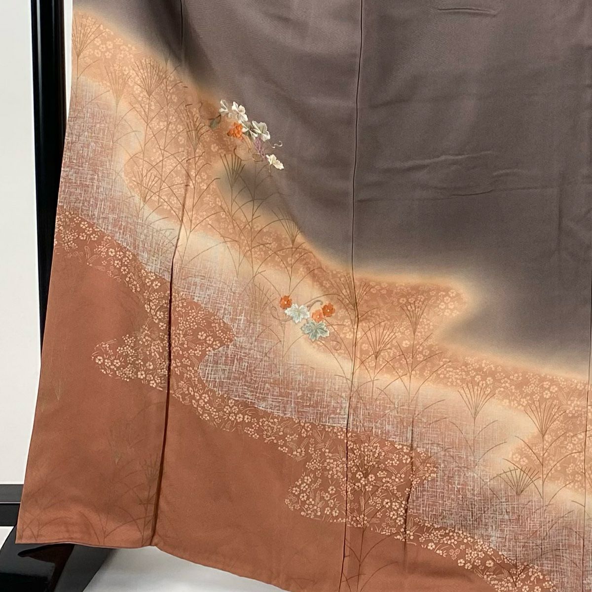 付下 身長167cm 袖長66cm M 雙層 葉與實 霞 金銀彩 刺繡 茶紫 純蠶絲 優品級
