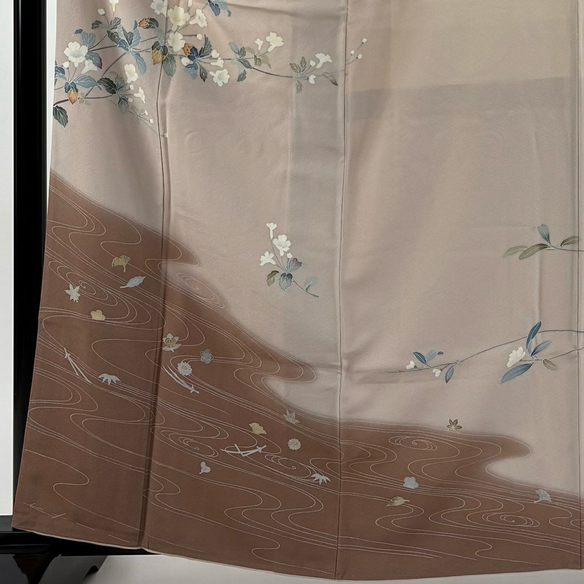 訪問服 身長162.5cm 袖長64.5cm M 雙層 落款有 枝花 流水 漸層 薄小豆 純蠶絲 優品級 一個紋