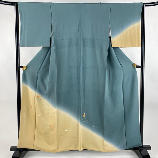 付下 身長156cm 袖長63.5cm S 雙層 草花紋紋 松樹葉 金糸刺繡 灰綠 純蠶絲 秀品級