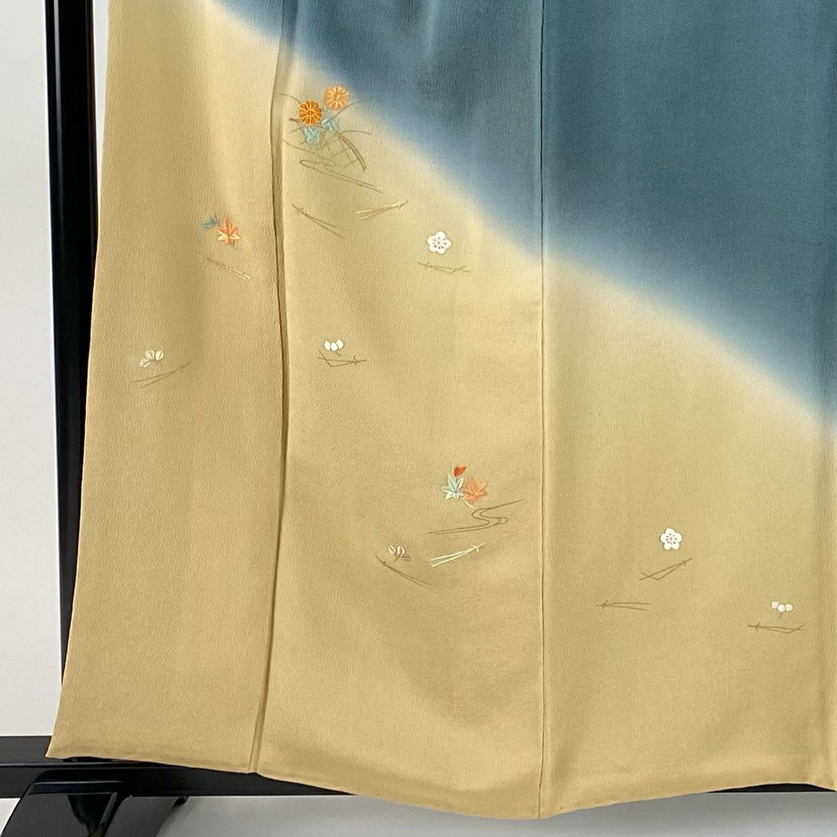 付下 身長156cm 袖長63.5cm S 雙層 草花紋紋 松樹葉 金糸刺繡 灰綠 純蠶絲 秀品級
