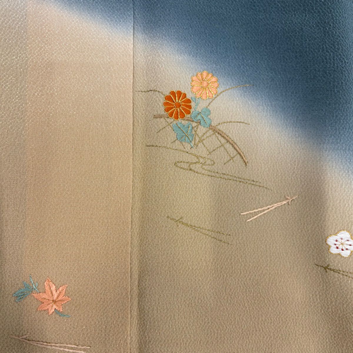 付下 身長156cm 袖長63.5cm S 雙層 草花紋紋 松樹葉 金糸刺繡 灰綠 純蠶絲 秀品級