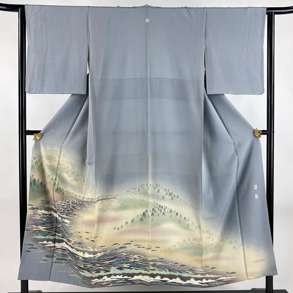 色留袖禮服 身長151cm 袖長62.5cm S 雙層 落款あり 風景 橋 漸層 灰色 純蠶絲 秀品級 一つ紋