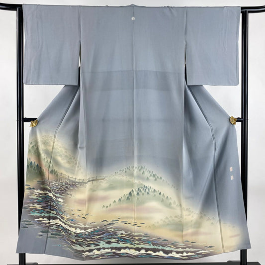 色留袖禮服 身長151cm 袖長62.5cm S 雙層 落款あり 風景 橋 漸層 灰色 純蠶絲 秀品級 一つ紋