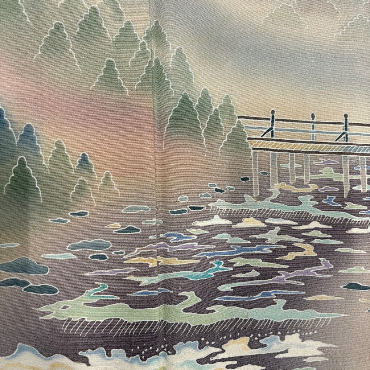 色留袖禮服 身長151cm 袖長62.5cm S 雙層 落款あり 風景 橋 漸層 灰色 純蠶絲 秀品級 一つ紋