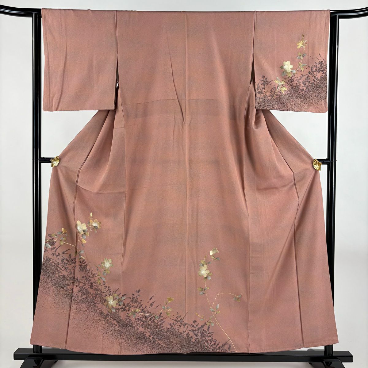 【美品】訪問服 身長156.5cm 袖長63cm S 雙層 枝花 シルエット 金銀彩 粉米色 純蠶絲 秀品級