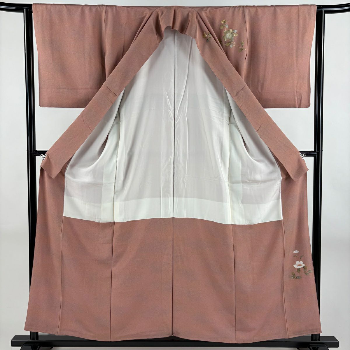 【美品】訪問服 身長156.5cm 袖長63cm S 雙層 枝花 シルエット 金銀彩 粉米色 純蠶絲 秀品級