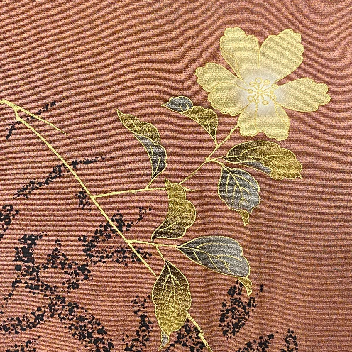 【美品】訪問服 身長156.5cm 袖長63cm S 雙層 枝花 シルエット 金銀彩 粉米色 純蠶絲 秀品級
