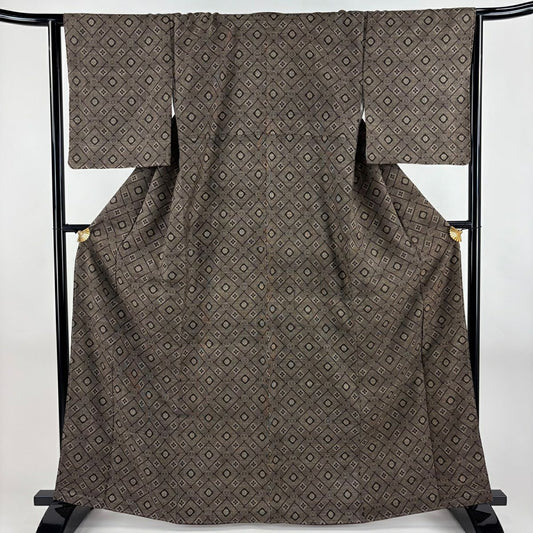 紬織 身長165.5cm 袖長64cm M 雙層 菱花 焦茶 純蠶絲 秀品級