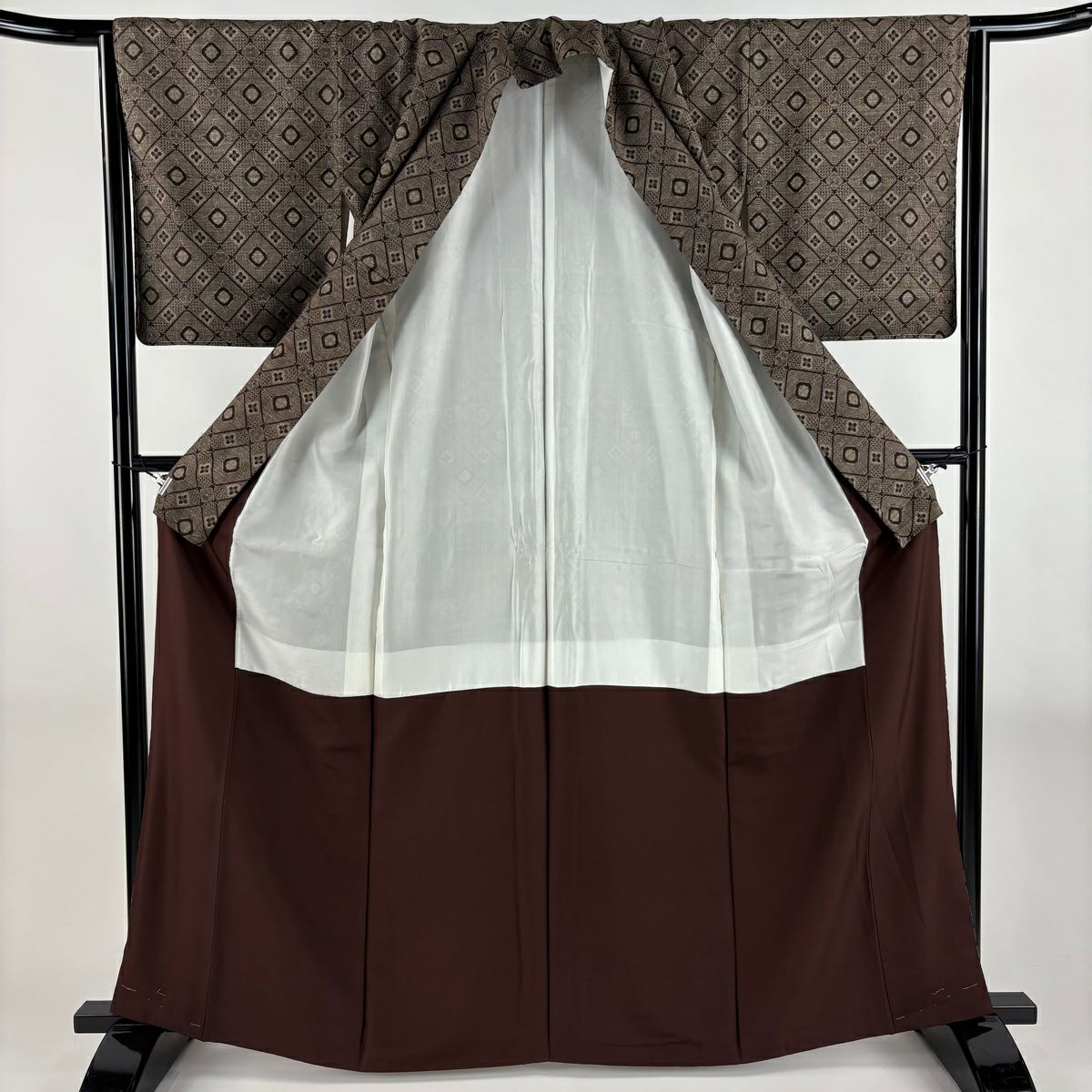 紬織 身長165.5cm 袖長64cm M 雙層 菱花 焦茶 純蠶絲 秀品級