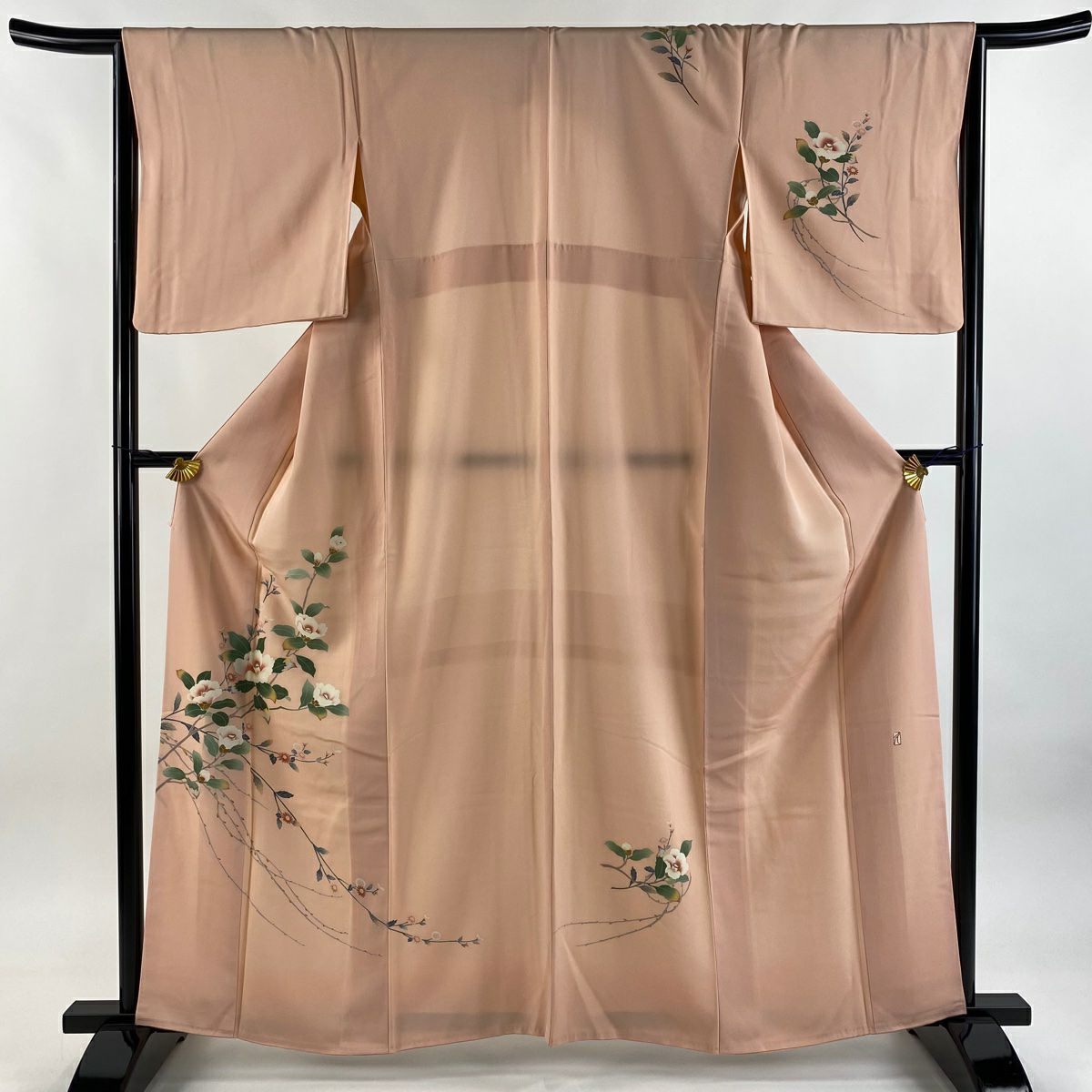 【美品】 付下 身長161.5cm 袖長65.5cm M 雙層 落款あり 椿 草花紋紋 粉紅 純蠶絲 秀品級