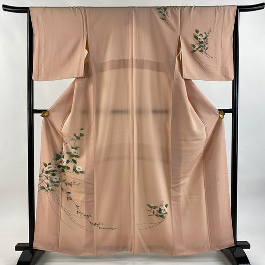 【美品】 付下 身長161.5cm 袖長65.5cm M 雙層 落款あり 椿 草花紋紋 粉紅 純蠶絲 秀品級