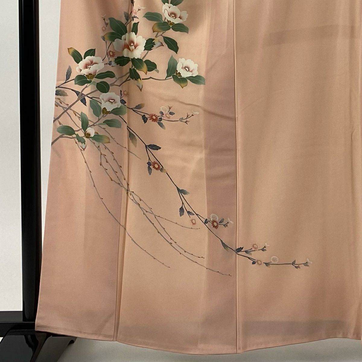 【美品】 付下 身長161.5cm 袖長65.5cm M 雙層 落款あり 椿 草花紋紋 粉紅 純蠶絲 秀品級