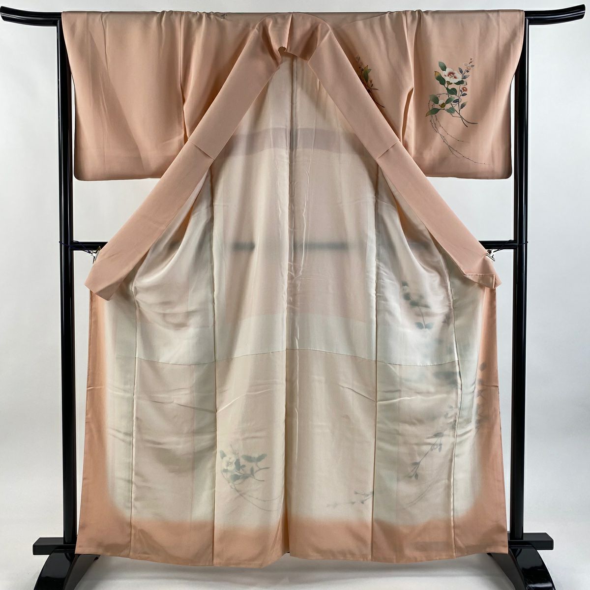 【美品】 付下 身長161.5cm 袖長65.5cm M 雙層 落款あり 椿 草花紋紋 粉紅 純蠶絲 秀品級