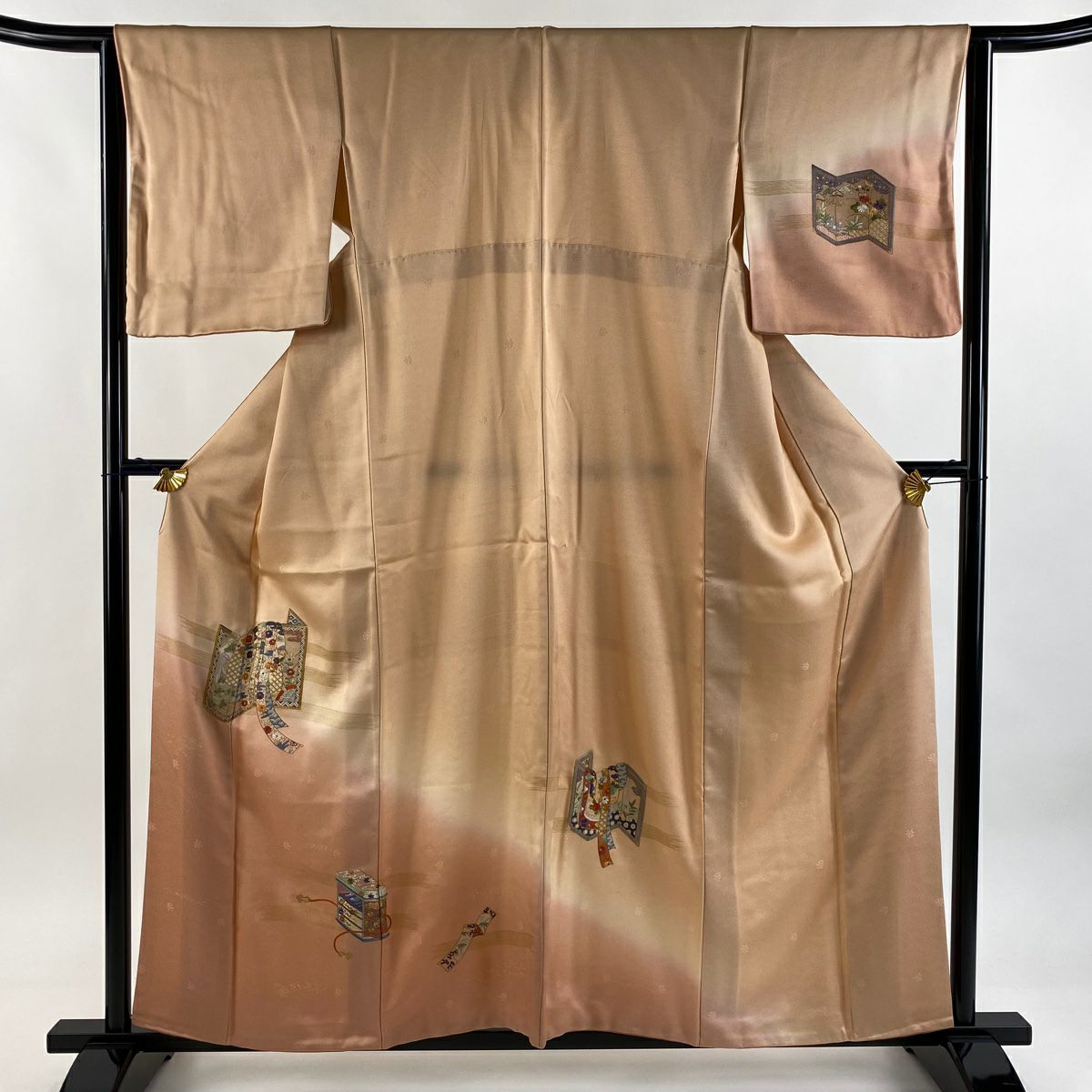 付下 身長157.5cm 袖長63.5cm S 雙層 衝立 松樹竹子梅花 金糸 刺繡 淺橙 純蠶絲 優品級